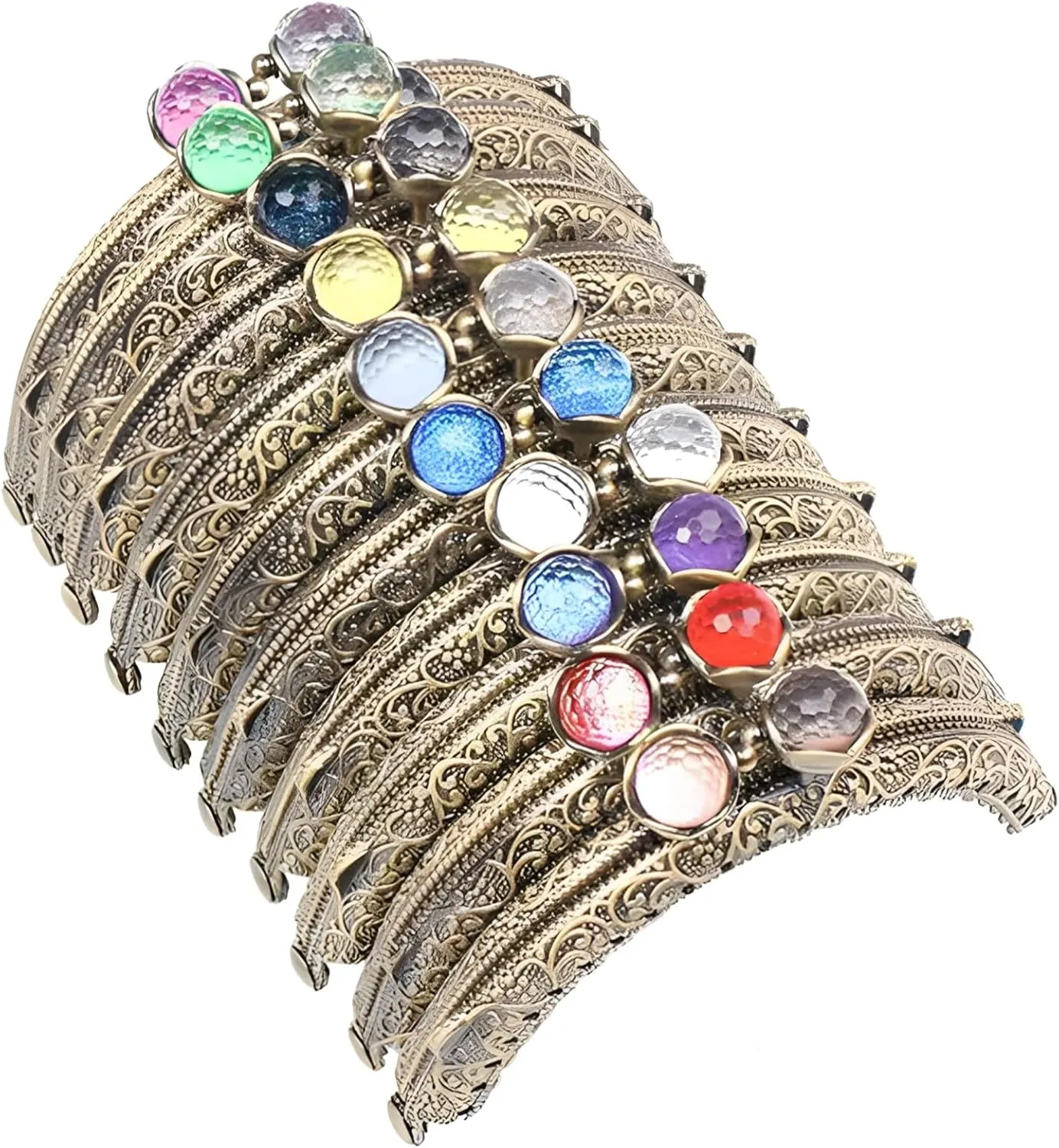 10 Antique Bronze Half-Round Bag Clasps, Colorful Beads & Lotus Motif, DIY Purse Frame Set for Coin Wallets, Craft Projects & Handbag Design