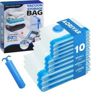 10 Pack Vacuum Storage Bags - Large Space Clothes Storage Travel Bag Hand Pump, No Leakage Compression Plastic Storage Bins Bags Travel Clothing, Vacuum Bag for Blankets Comforters Pillows