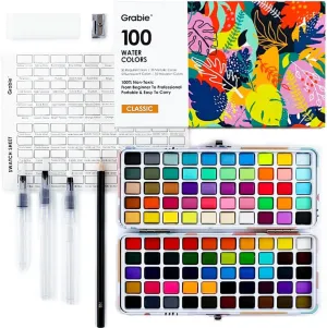 100 Colors Watercolor Paint Set - 50 Regular, 35 Metallic, 10 Macaron and 5 Fluorescent Colors - Portable with Carrying Case, Water Brush Pens, and Accessories - For Beginners and Professionals