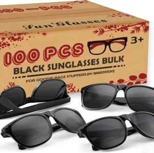 100 Pack Black Sunglasses Bulk, 80s Style Plastic Sun Glasses Toy, Carnival Prizes, Summer Beach/Pool Party Favor for Kids Adult, Birthday Decoration Supplies, Goody Bag Stuffer, Gift Box for Boy Girl
