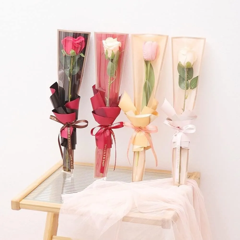 100 Pcs Clear Gold Edge Rose Packaging Bag Single Rose Packaging Bag, Waterproof Floral Wrapping Paper (White)