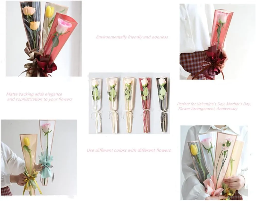 100 Pcs Clear Gold Edge Rose Packaging Bag Single Rose Packaging Bag, Waterproof Floral Wrapping Paper (White)