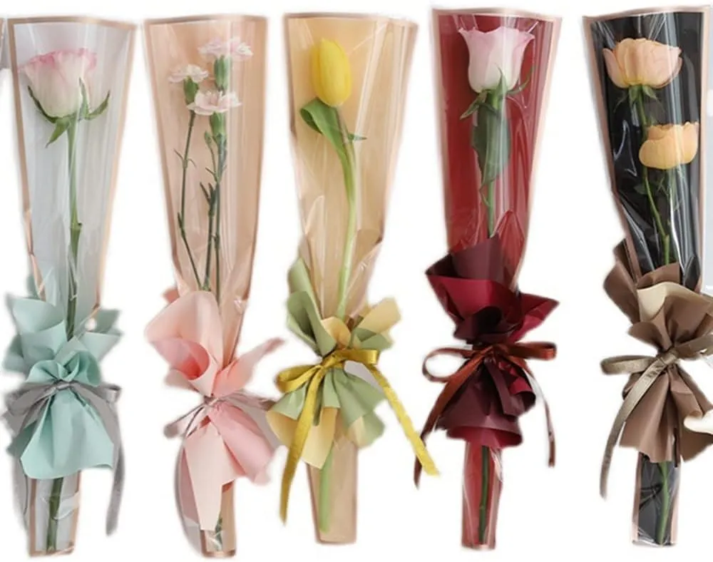 100 Pcs Clear Gold Edge Rose Packaging Bag Single Rose Packaging Bag, Waterproof Floral Wrapping Paper (White)