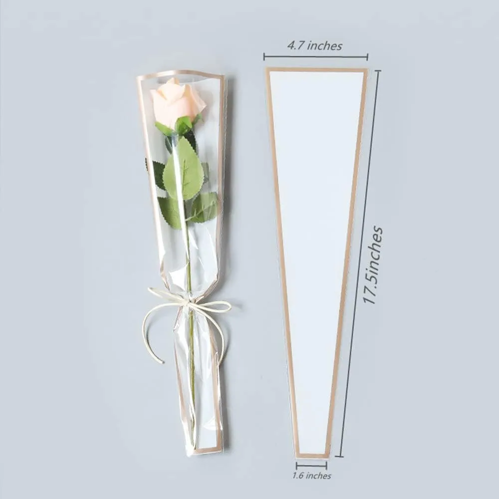 100 Pcs Clear Gold Edge Rose Packaging Bag Single Rose Packaging Bag, Waterproof Floral Wrapping Paper (White)