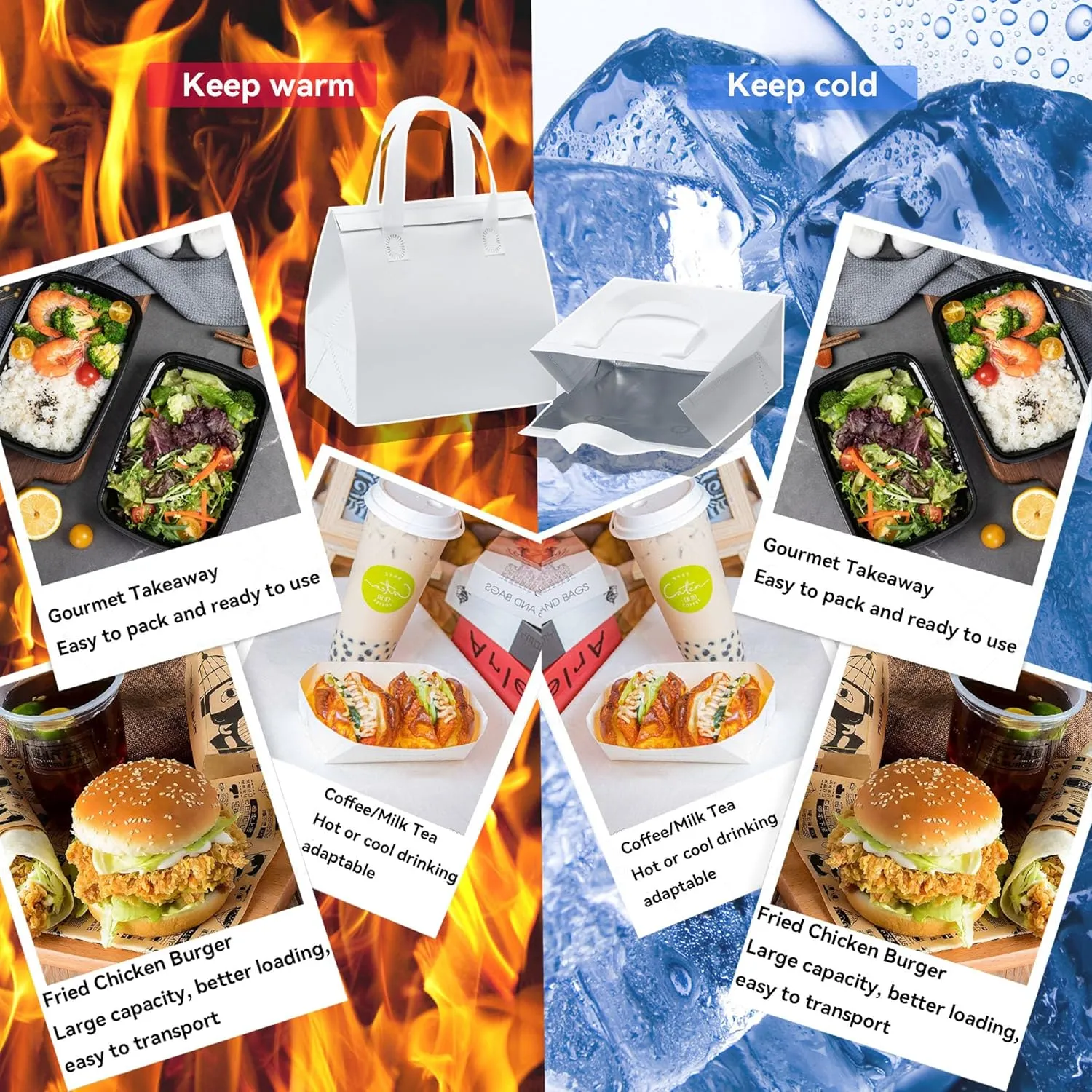 100 Pcs Insulated Take Away Bags, Disposable Lunch Bags For Food Takeaways, Coffee, Milk Tea, Seafood, Pizza, For Restaurants And Grocery Shops 9.5 x 6 x 10 In (white)