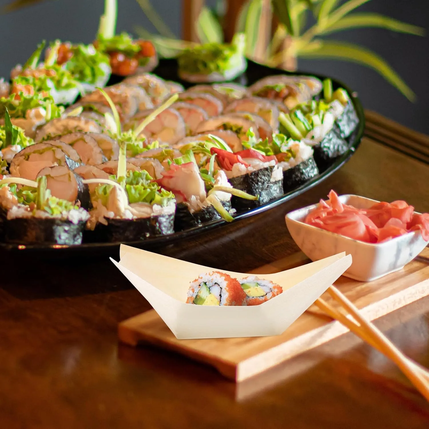 100pcs Disposable Wood Boat,Wooden Sushi Boat,Food Boats Dish,Serving Tray Sushi Tray,Food Container Wood Bowl Cake Tool,Sushi Serving Trays for Parties and Events,3inch