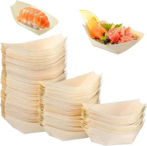 100pcs Disposable Wood Boat,Wooden Sushi Boat,Food Boats Dish,Serving Tray Sushi Tray,Food Container Wood Bowl Cake Tool,Sushi Serving Trays for Parties and Events,3inch