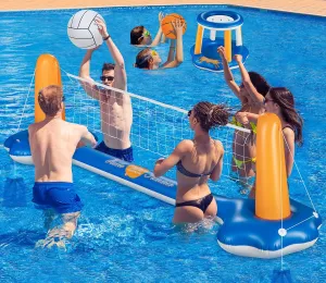10.4' Larger Pool Volleyball Set & Basketball Hoop Pool Volleyball Net for Inground Includes 2 Balls & 2 Weight Bags, Pool Toys Games for Adults and Family - Volleyball Court