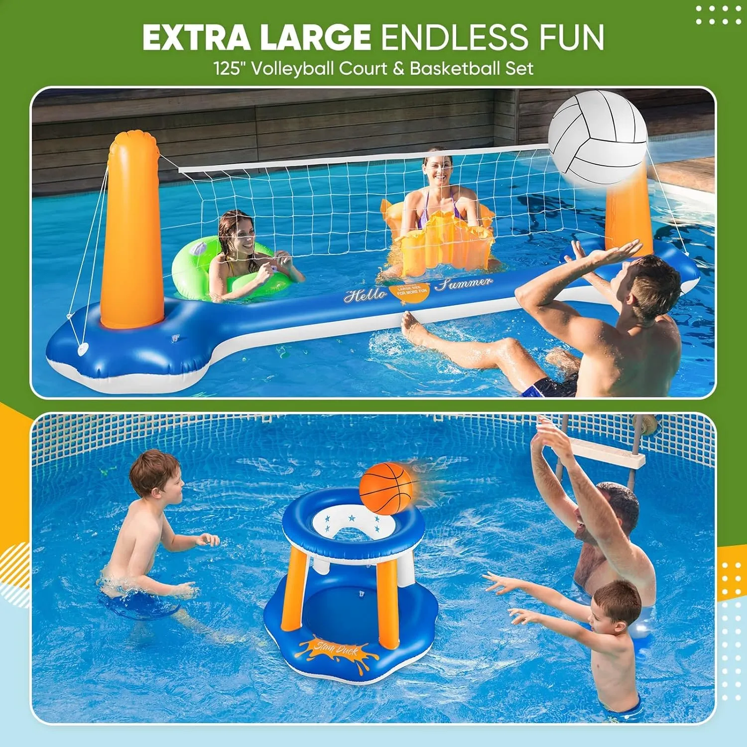 10.4' Larger Pool Volleyball Set & Basketball Hoop Pool Volleyball Net for Inground Includes 2 Balls & 2 Weight Bags, Pool Toys Games for Adults and Family - Volleyball Court