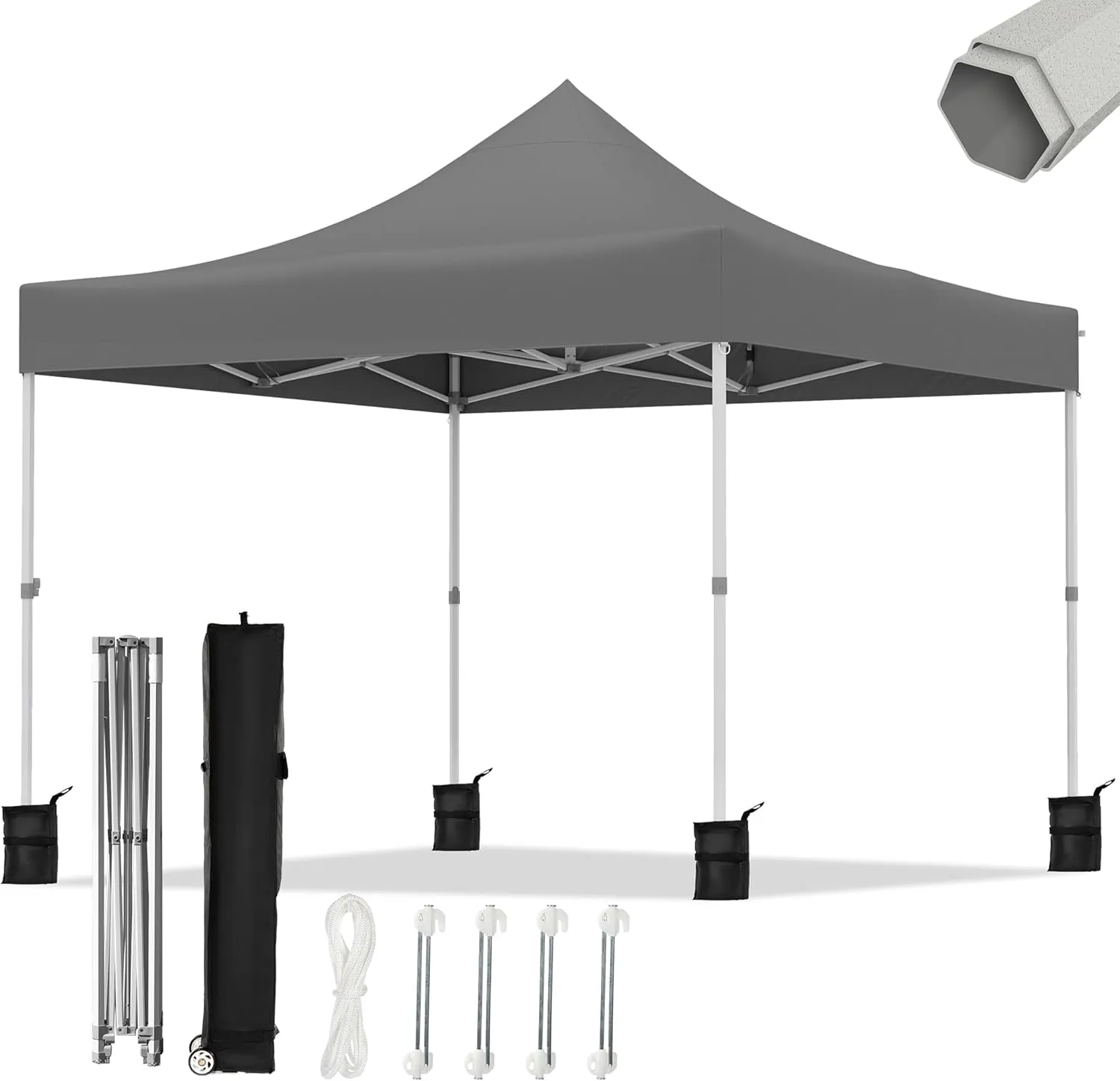 10x10ft Pop Up Canopy - Beach Tent with Easy Set-up, Portable Outdoor, Commercial Shade with Wheeled Carry Bag, Thickened Fabric, Hexagonal Steel, Dark Gray