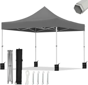 10x10ft Pop Up Canopy - Beach Tent with Easy Set-up, Portable Outdoor, Commercial Shade with Wheeled Carry Bag, Thickened Fabric, Hexagonal Steel, Dark Gray