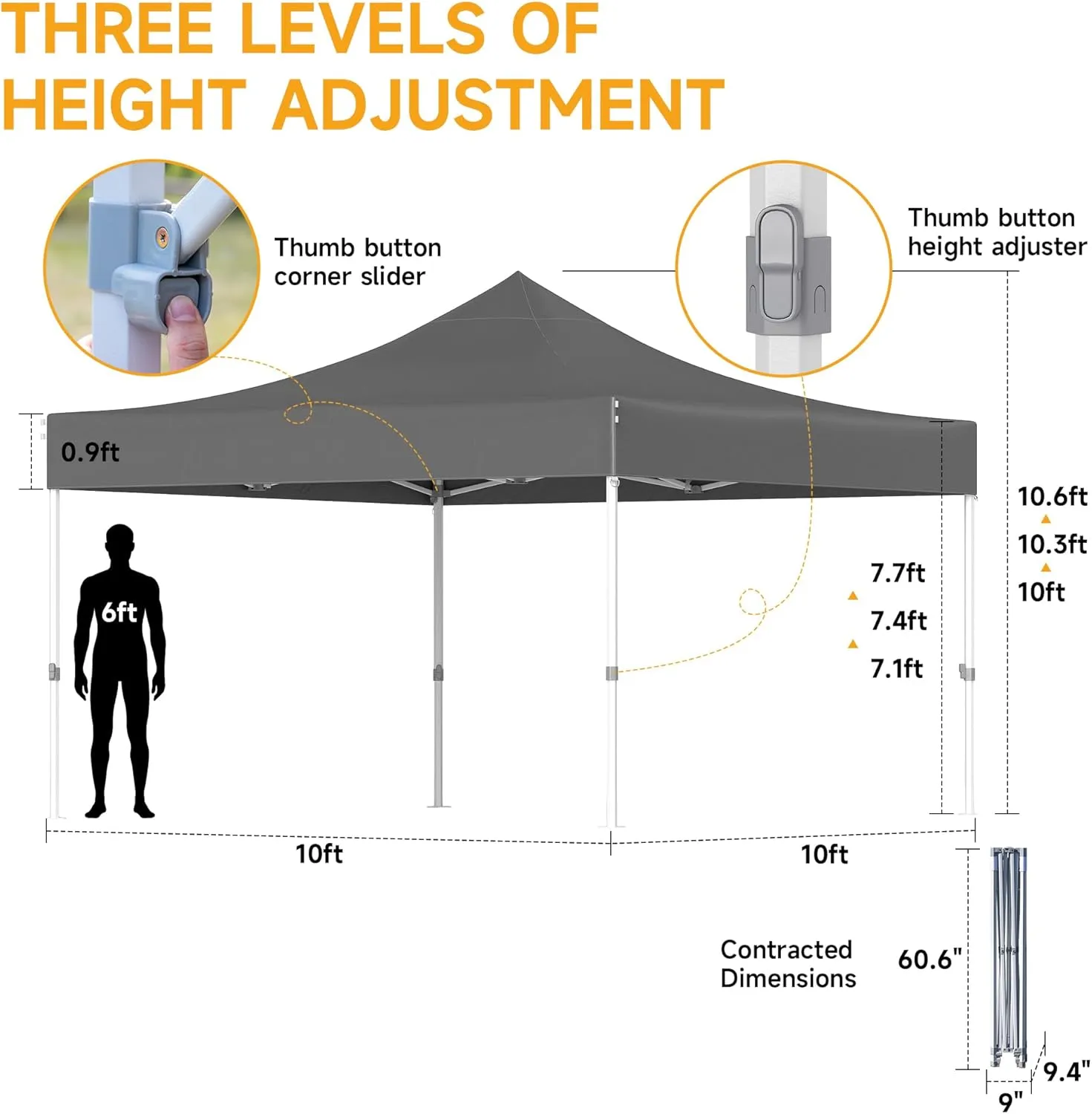 10x10ft Pop Up Canopy - Beach Tent with Easy Set-up, Portable Outdoor, Commercial Shade with Wheeled Carry Bag, Thickened Fabric, Hexagonal Steel, Dark Gray