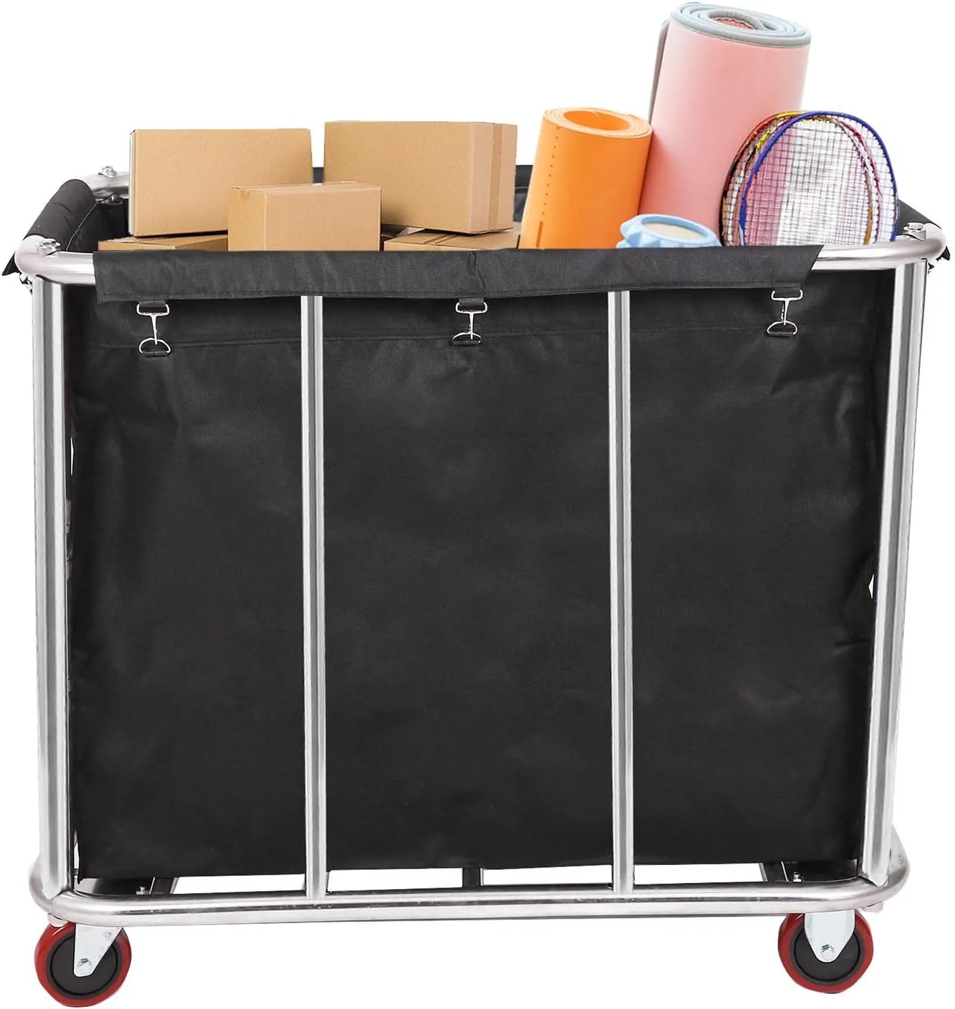 12 Bushels Laundry Cart Commercial/Home,Heavy Duty Large Stainless Steel Rolling Laundry Basket with Wheels，for Laundry Organizer and Storage,260LBS Load (12 Bushels - Black - 8 Tubes)
