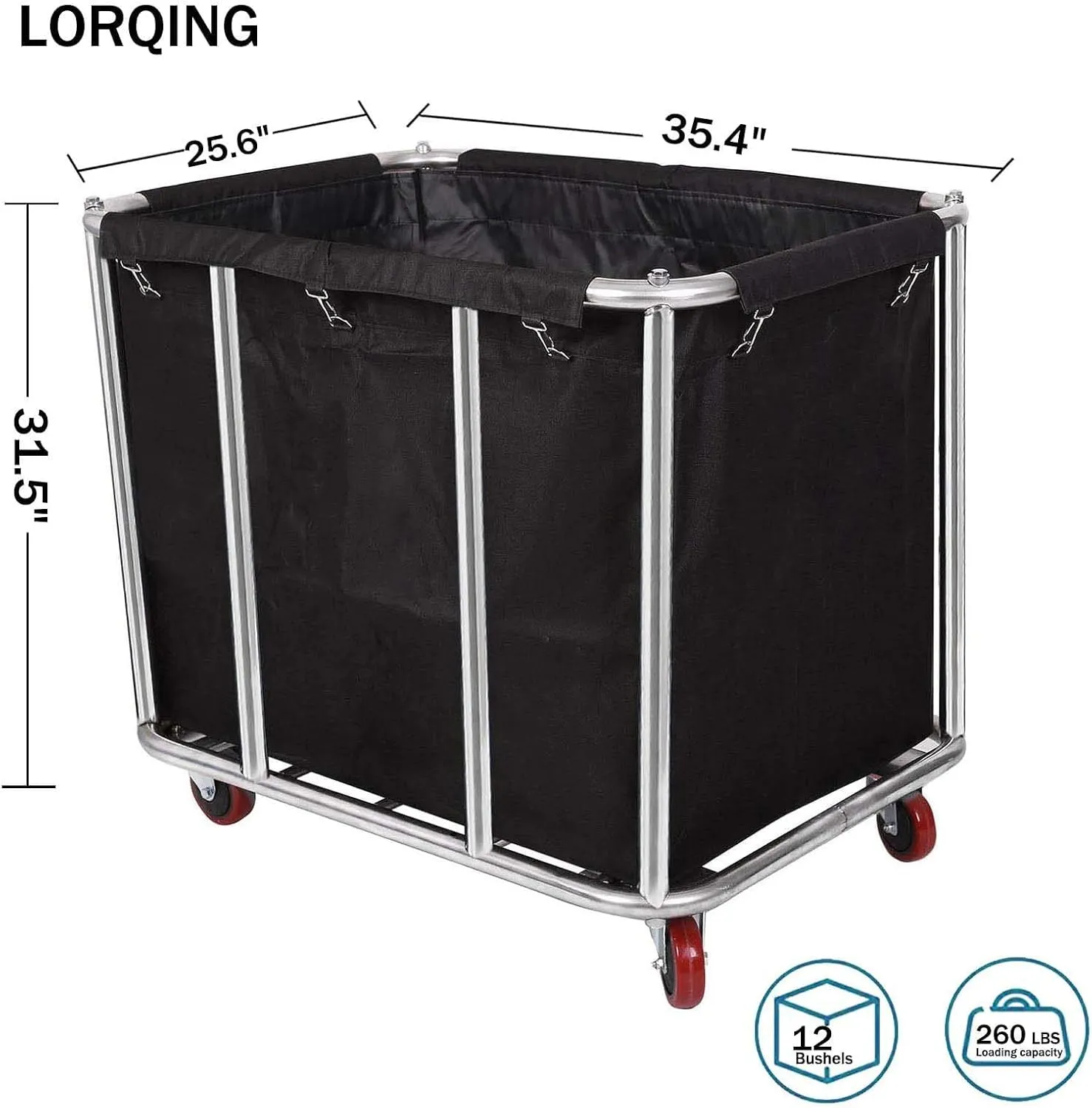 12 Bushels Laundry Cart Commercial/Home,Heavy Duty Large Stainless Steel Rolling Laundry Basket with Wheels，for Laundry Organizer and Storage,260LBS Load (12 Bushels - Black - 8 Tubes)