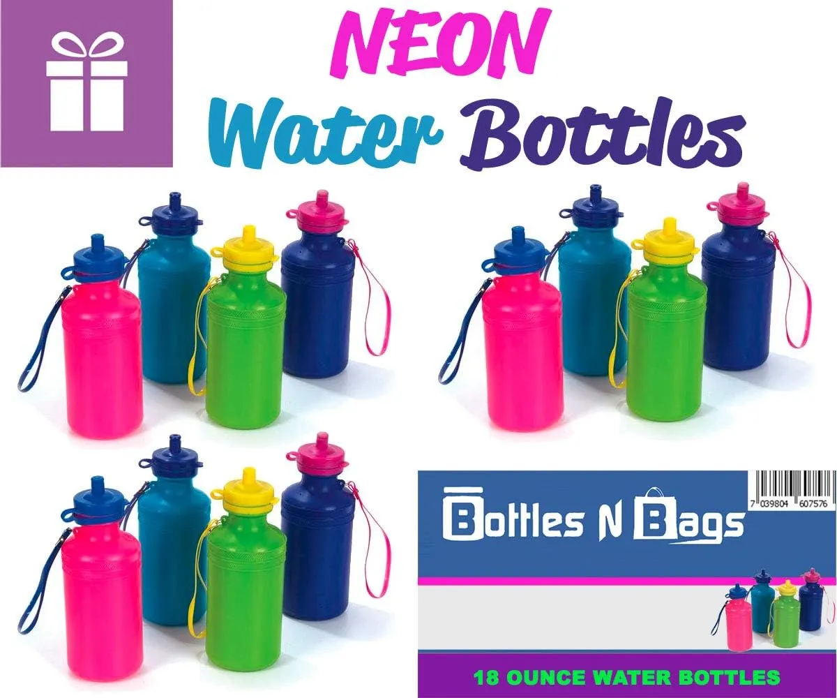 12 Kids Water Bottles Bulk Pack, Summer Beach Accessory | Holds 18 Ounces, 6 Different Neon Colors With Wrist Strap (12 Pack)
