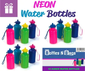 12 Kids Water Bottles Bulk Pack, Summer Beach Accessory | Holds 18 Ounces, 6 Different Neon Colors With Wrist Strap (12 Pack)