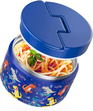 12oz Soup Thermo for Hot Food Kids Vacuum Insulated Food Jar Twist-Free Soup Thermo for Hot Food Kids Leakproof Stainless Steel Wide Mouth Lunch Container (Blue DInosaur)