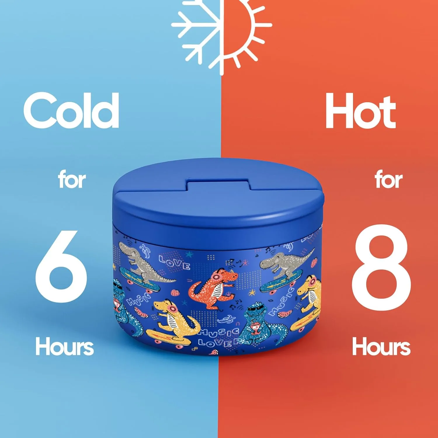 12oz Soup Thermo for Hot Food Kids Vacuum Insulated Food Jar Twist-Free Soup Thermo for Hot Food Kids Leakproof Stainless Steel Wide Mouth Lunch Container (Blue DInosaur)