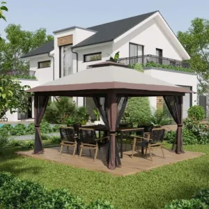 13' x 13' Pop-up Gazebo, Outdoor Camping Tent Canopy with Net, Instant Awning with 2-Layer Roof, Wheeled Carrying Bag, for Outdoor, Garden, Party, Light Brown