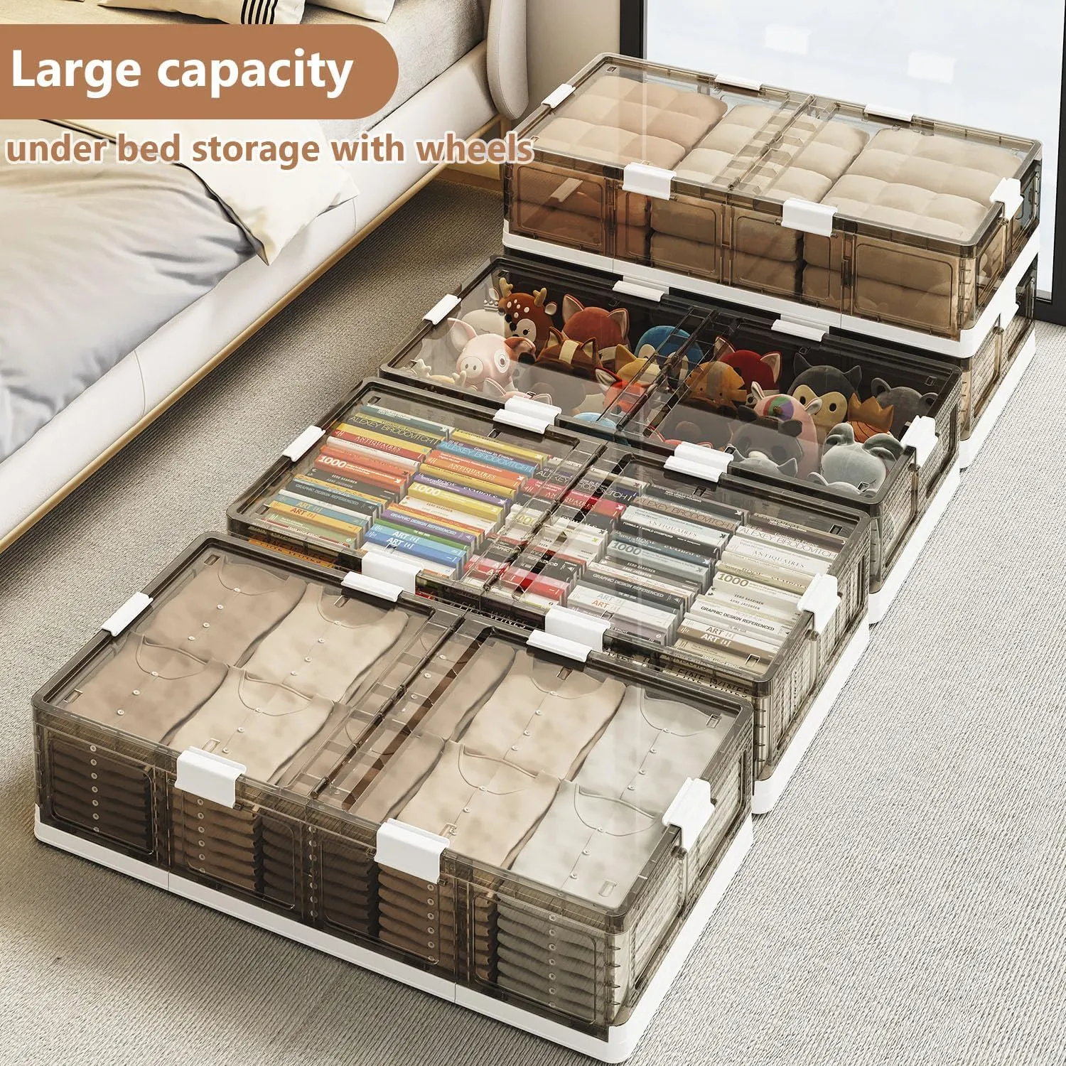 14Gal/57Qt Under Bed Storage with Wheels 、Stackable Rolling Plastic Storage Boxes with Wheels & Lids、Plastic Foldable Folding Box
