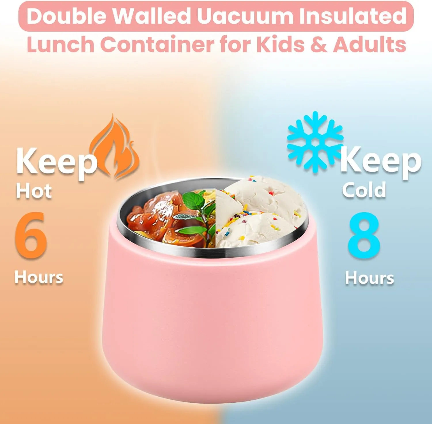 14oz Insulated Vacuum Food Jar with Buckle Lid,Soup Thermo for Hot Food Kids,Wide Mouth Leakproof Stainless Steel Lunch Container with Spoon-Pink