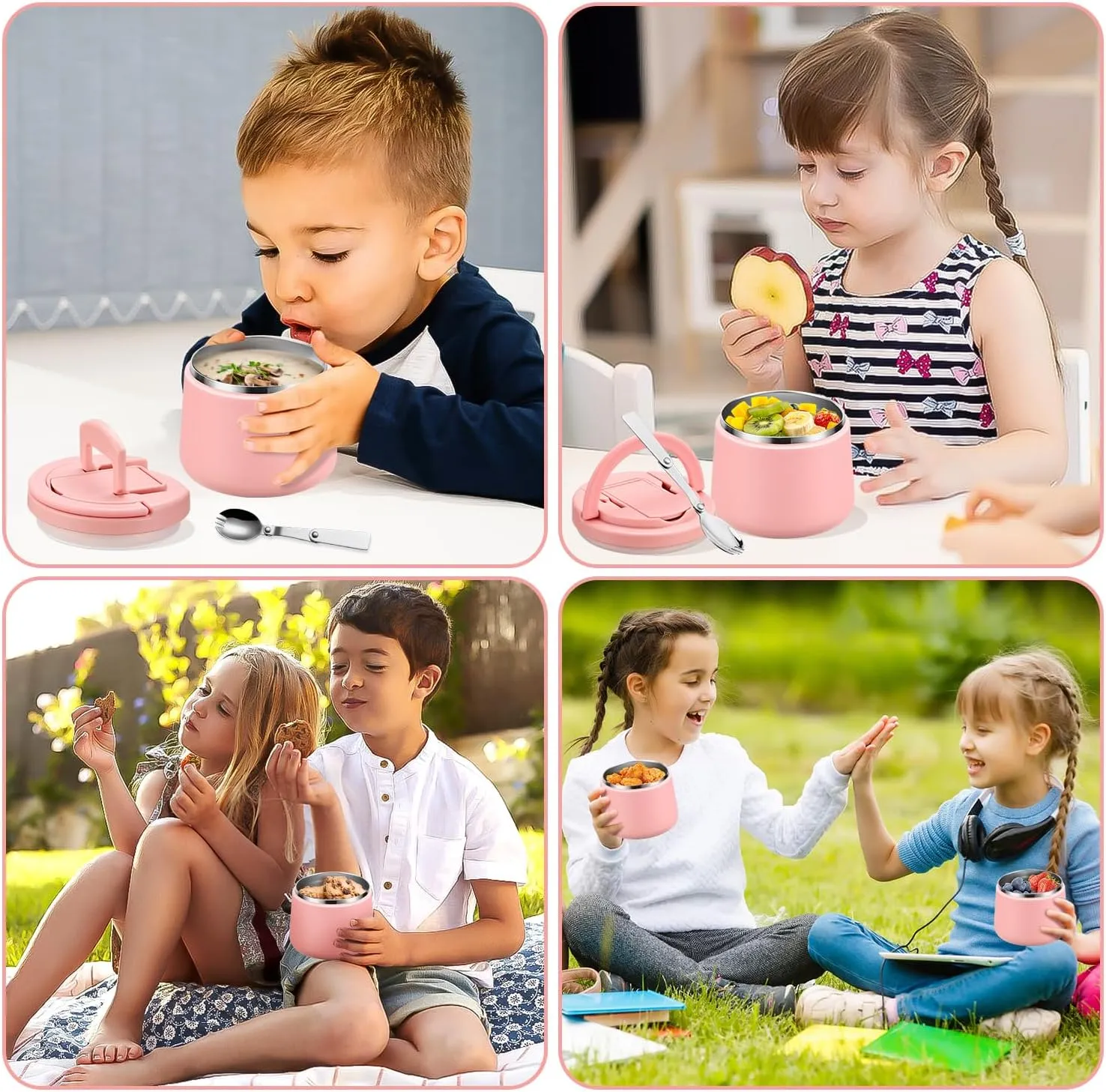 14oz Insulated Vacuum Food Jar with Buckle Lid,Soup Thermo for Hot Food Kids,Wide Mouth Leakproof Stainless Steel Lunch Container with Spoon-Pink