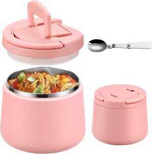 14oz Insulated Vacuum Food Jar with Buckle Lid,Soup Thermo for Hot Food Kids,Wide Mouth Leakproof Stainless Steel Lunch Container with Spoon-Pink