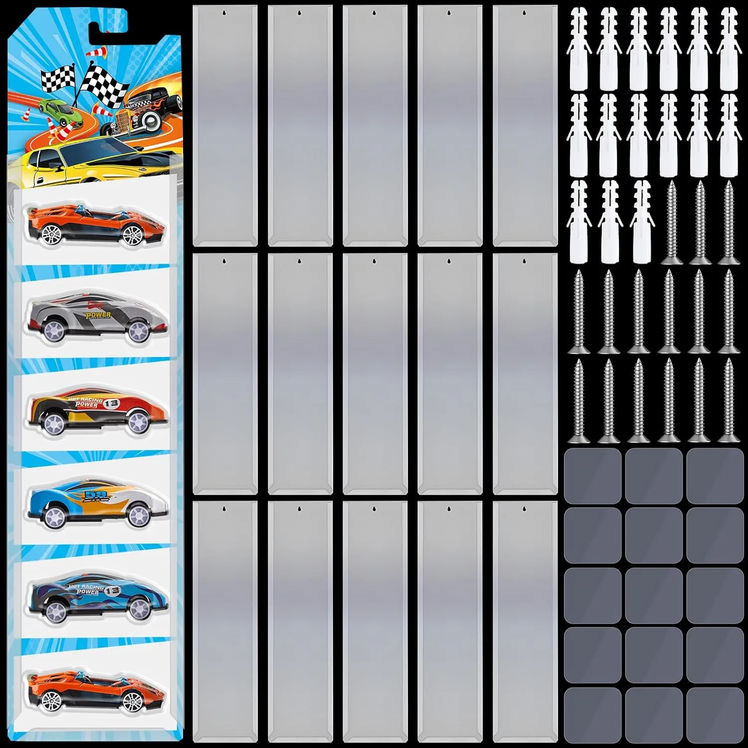 15Pcs Model Car Display Cases Truck Wall Mount Holds Up to 150 Cars Compatible with Toy Trucks Garage Organizer Small Wheel Shelf Holder Collection for Packaged 16 x 4.4 Inch