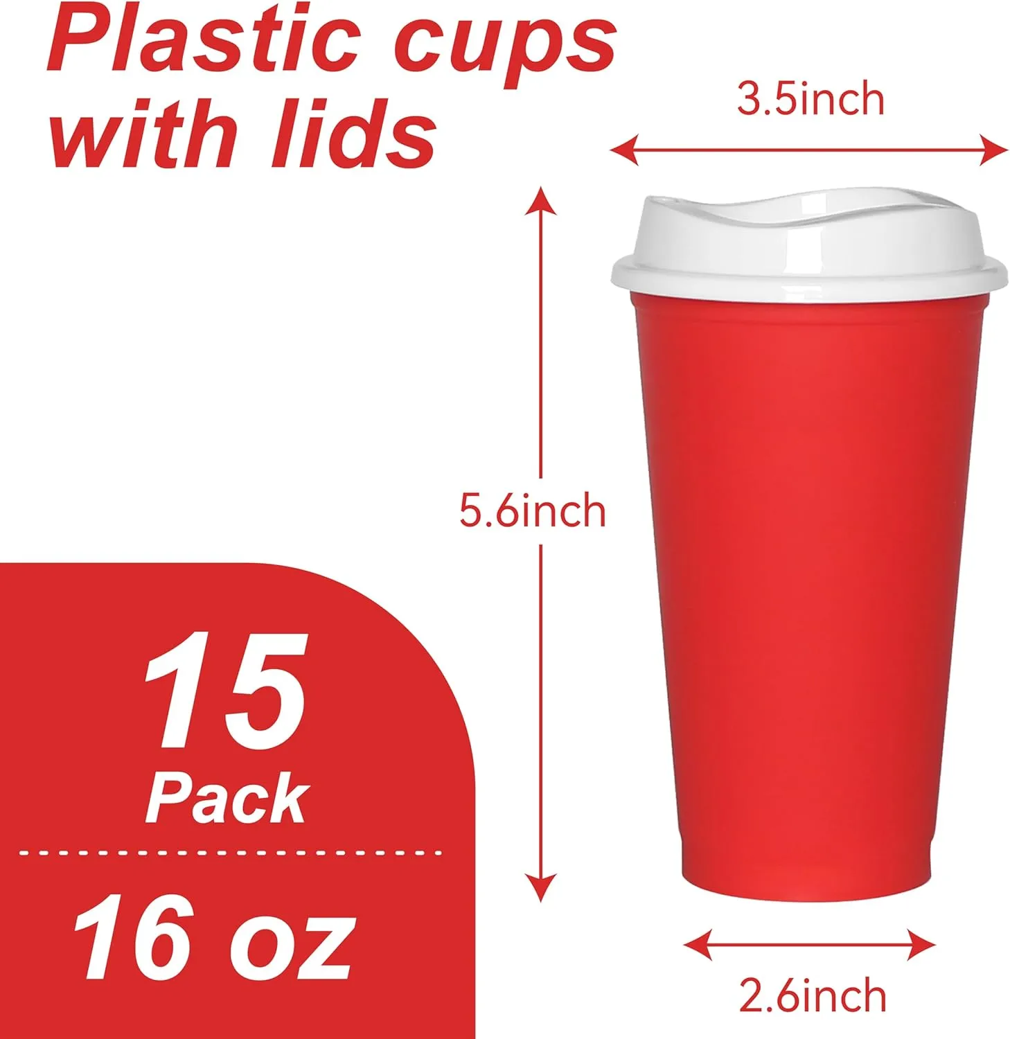 16 oz Coffee Cups With Lids, Reusable Plastic Cups, Sturdy & Food-Safe Plastic Tumblers for Hot & Cold Beverages, To Go Coffee Cups With Lids, Red - 15 Pack