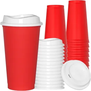 16 oz Coffee Cups With Lids, Reusable Plastic Cups, Sturdy & Food-Safe Plastic Tumblers for Hot & Cold Beverages, To Go Coffee Cups With Lids, Red - 15 Pack