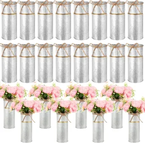 16 Pcs 7. 48 Inch Vases for Centerpieces Mason Jars with Twine Bow Galvanized Metal Flower Vase Rustic Vintage Farmhouse Tin Bucket Decor for Artificial Flowers Wedding Home Table (Silver)