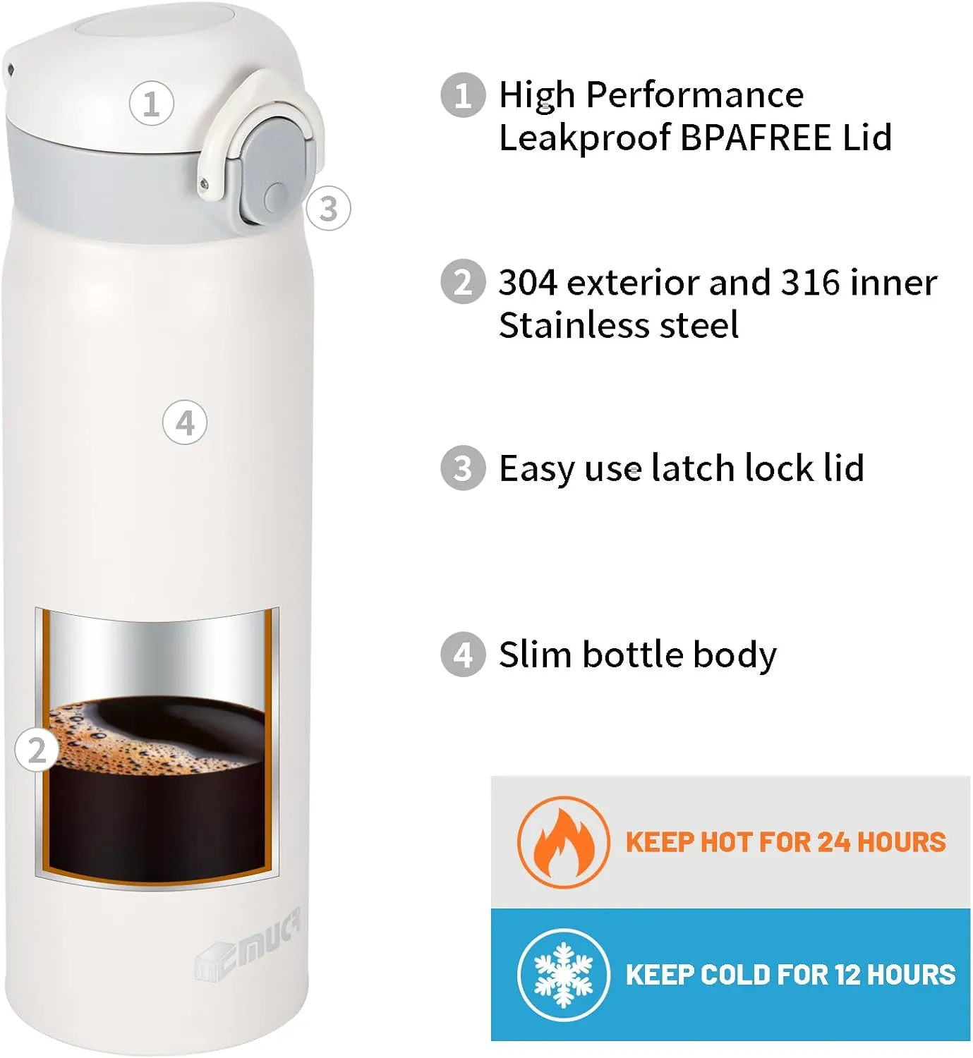 17 oz / 500 ml Insulated Water Bottle, Stainless Steel Thermo Coffee Travel Mug, Thermal Cup with Snap Flip Lid, BPA Free for Hot and Cold Drinking, White