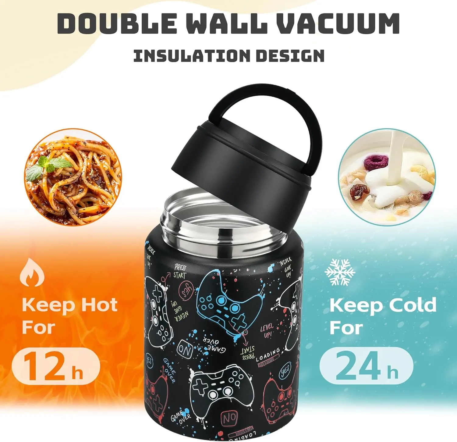 17 oz Soup Thermos for Hot Food Kids, Stainless Steel Vacuum Insulated Food Jar Lunch Box Container with Folding Spoon,Leakproof Thermos with Handle for School,Office,Travel,Outdoor(black console