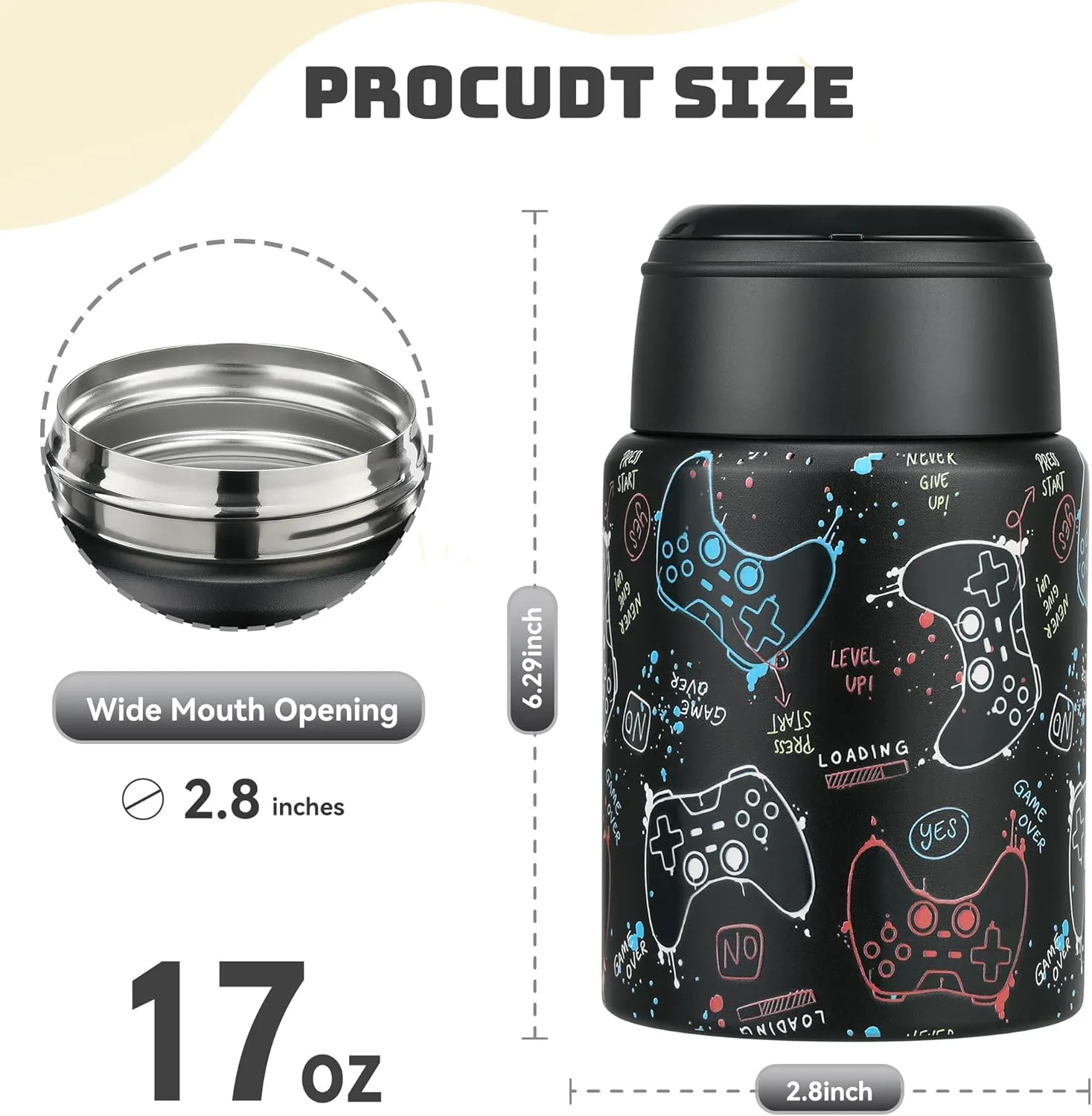 17 oz Soup Thermos for Hot Food Kids, Stainless Steel Vacuum Insulated Food Jar Lunch Box Container with Folding Spoon,Leakproof Thermos with Handle for School,Office,Travel,Outdoor(black console