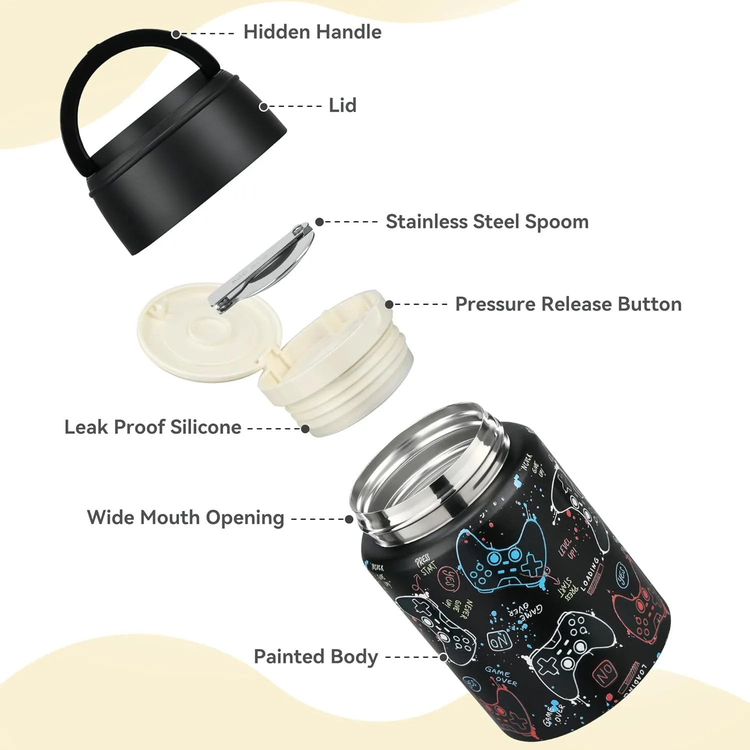 17 oz Soup Thermos for Hot Food Kids, Stainless Steel Vacuum Insulated Food Jar Lunch Box Container with Folding Spoon,Leakproof Thermos with Handle for School,Office,Travel,Outdoor(black console