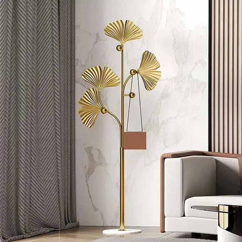175 CM Freestanding Leaf Shape Metal Coat Rack with Stable Marble Base Clothes Hanger Stand with 5 Hooks Coat Racks for Hats Scarves Handbags Gold
