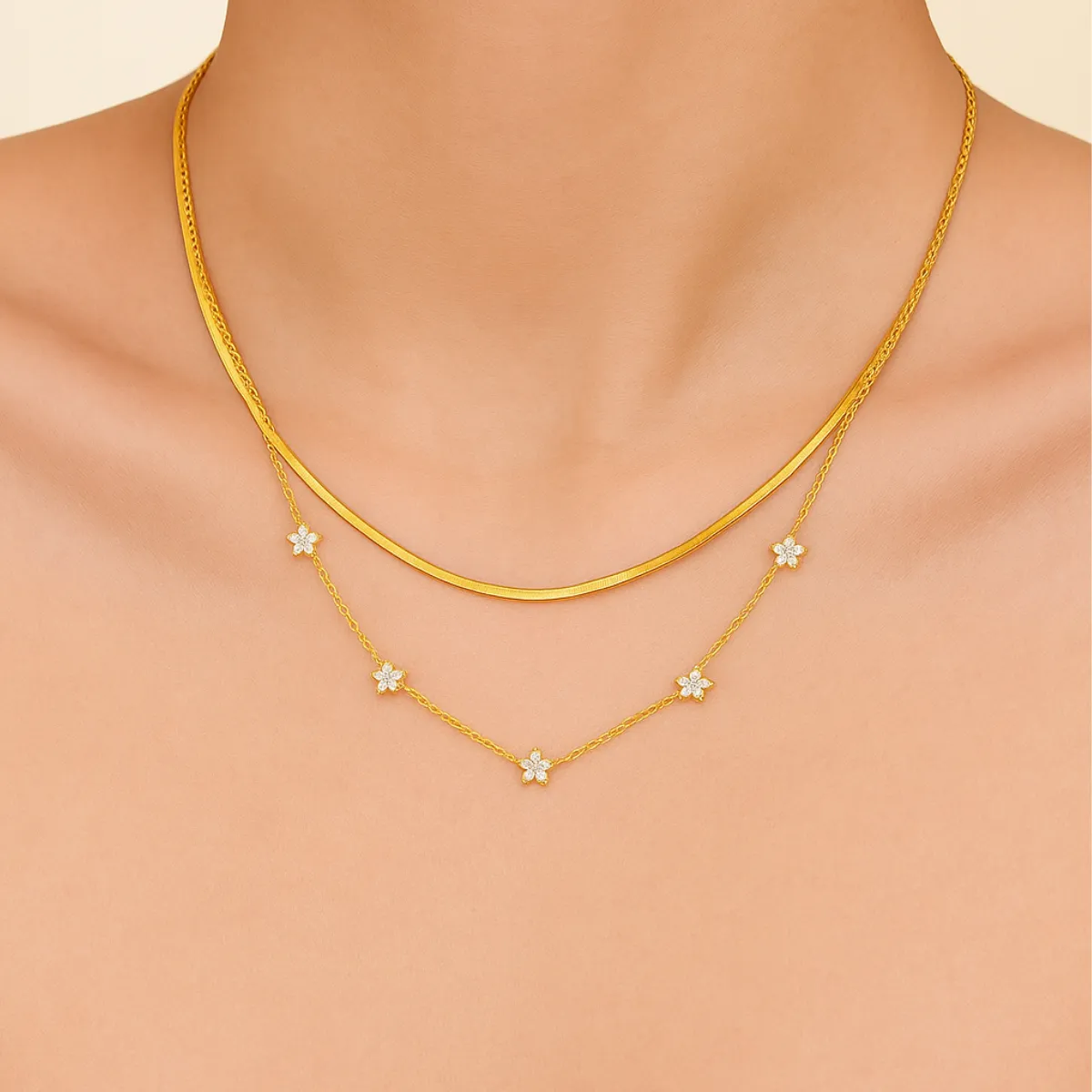18KT Gold Plated Elegant Snake Chain and Floral Choker Stainless Steel Waterproof Necklace Set, Sylvie