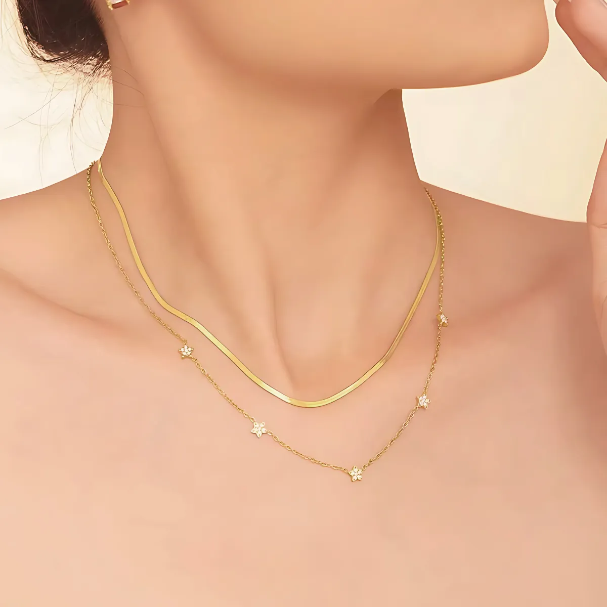 18KT Gold Plated Elegant Snake Chain and Floral Choker Stainless Steel Waterproof Necklace Set, Sylvie