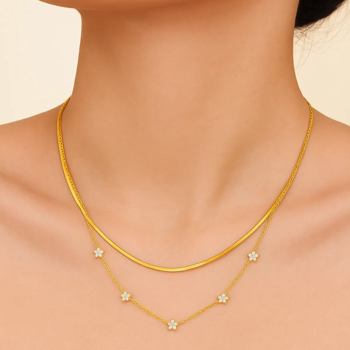 18KT Gold Plated Elegant Snake Chain and Floral Choker Stainless Steel Waterproof Necklace Set, Sylvie