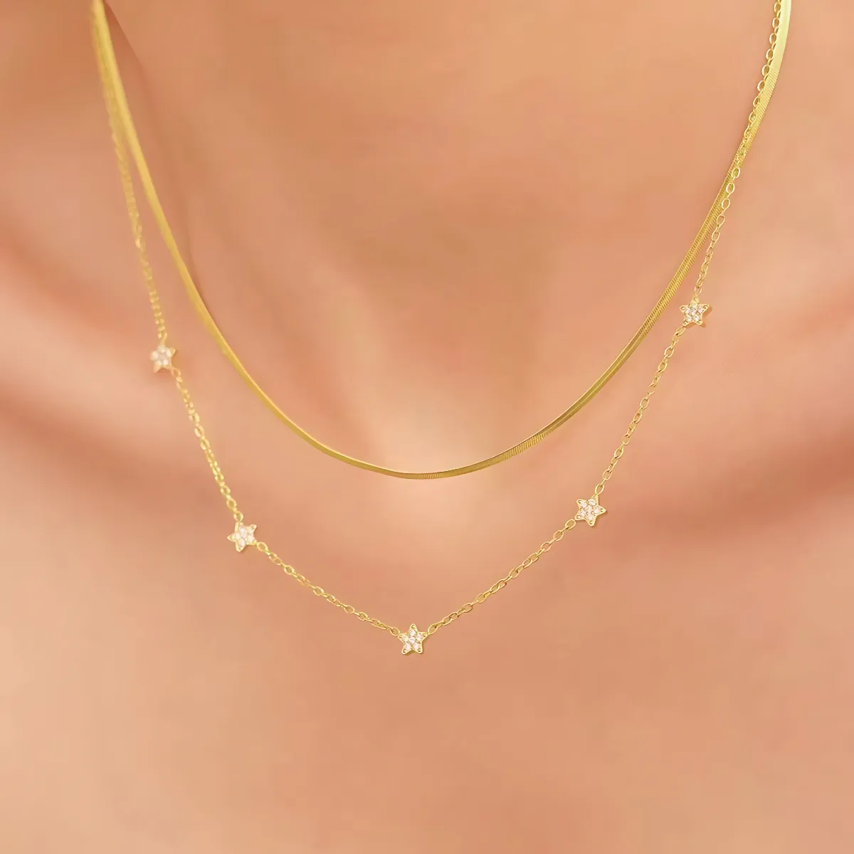 18KT Gold Plated Elegant Snake Chain and Floral Choker Stainless Steel Waterproof Necklace Set, Sylvie