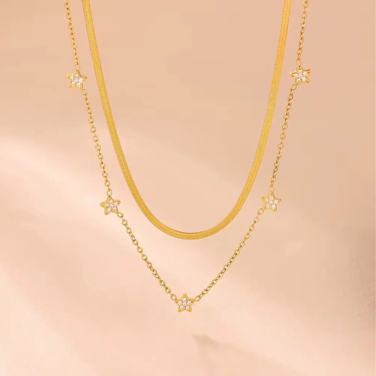 18KT Gold Plated Elegant Snake Chain and Floral Choker Stainless Steel Waterproof Necklace Set, Sylvie