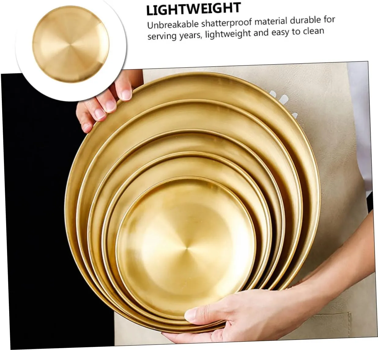 1pc Round Bbq Plate Thick Stainless Steel Dessert Tray for Food Storage for Picnics Parties and Gatherings Golden and Stackable Design