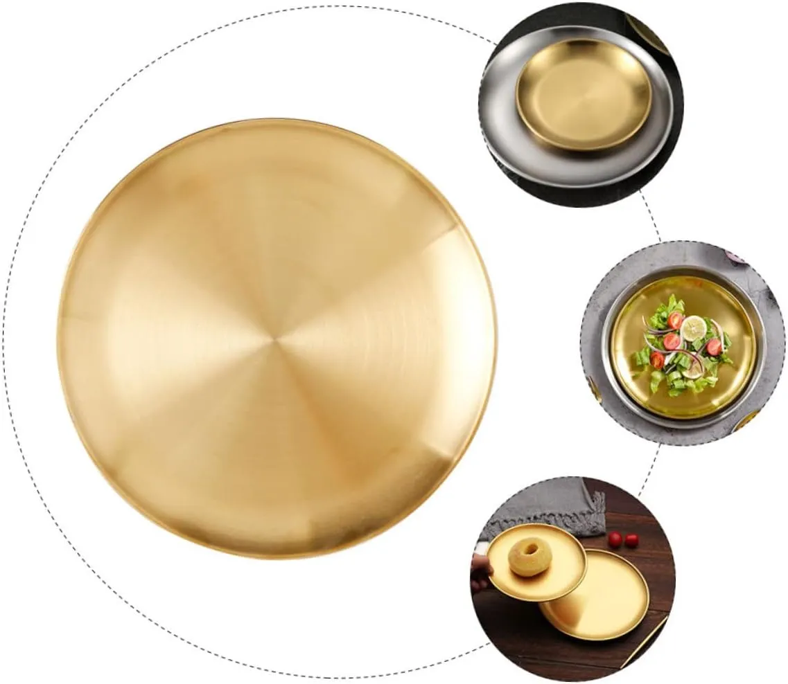 1pc Round Bbq Plate Thick Stainless Steel Dessert Tray for Food Storage for Picnics Parties and Gatherings Golden and Stackable Design