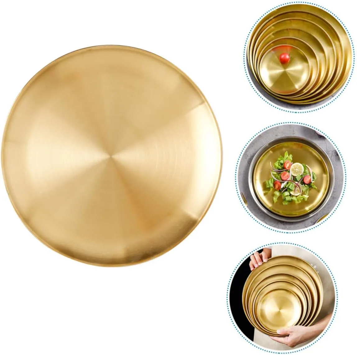 1pc Round Bbq Plate Thick Stainless Steel Dessert Tray for Food Storage for Picnics Parties and Gatherings Golden and Stackable Design