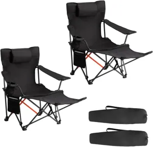 2 Pack 2-in-1 Camping Chair Reclining, Lightweight Folding Camping Chair with Adjustable Backrest & Removable Footrest, Camping Lounge Chair with Headrest, Cup Holder, Storage Bag, for Beach Lawn Conc