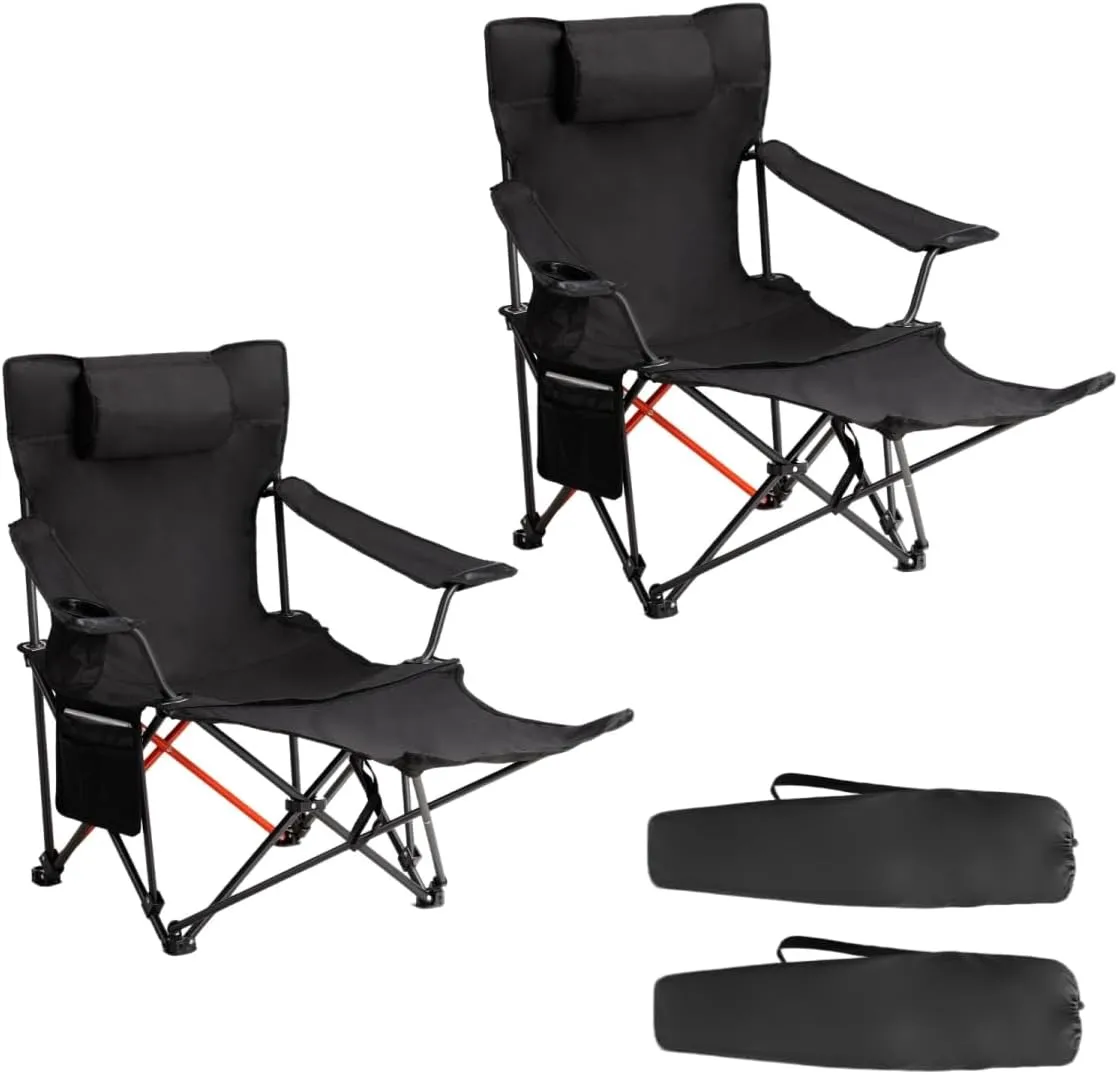 2 Pack 2-in-1 Camping Chair Reclining, Lightweight Folding Camping Chair with Adjustable Backrest & Removable Footrest, Camping Lounge Chair with Headrest, Cup Holder, Storage Bag, for Beach Lawn Conc