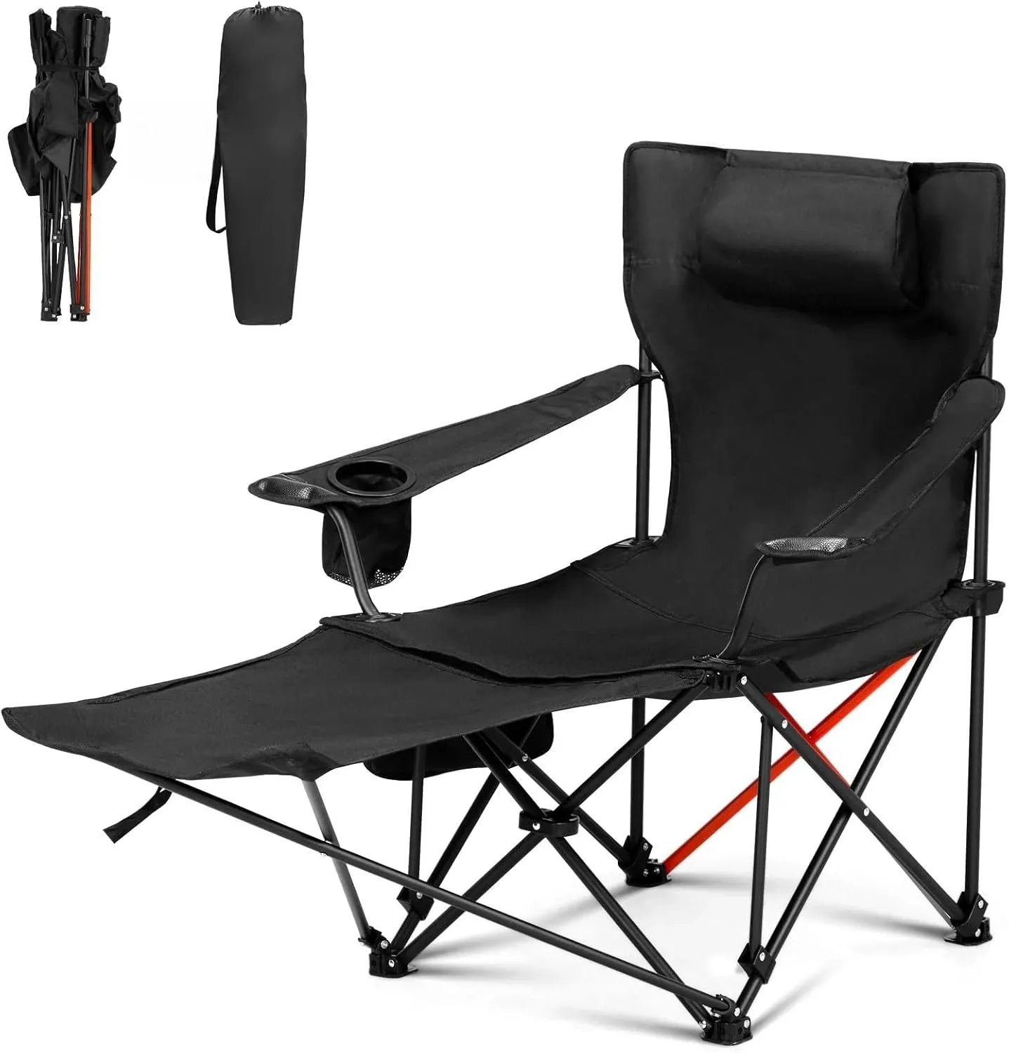 2-Pack 2-in-1 Reclining Camping Chairs, Lightweight with Adjustable Backrest, Removable Footrest, Headrest, Cup Holder & Storage Bag for Beach (Black)