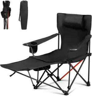 2-Pack 2-in-1 Reclining Camping Chairs, Lightweight with Adjustable Backrest, Removable Footrest, Headrest, Cup Holder & Storage Bag for Beach (Black)
