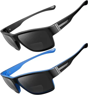 2 PACK Evolved Unbreakable Bifocal Reading Sunglasses Men TR90 Frame Wrap Around Design Glasses UV 400 Protection Outdoor Sun Reader Sports/Driving (Black & Blue  1.25)