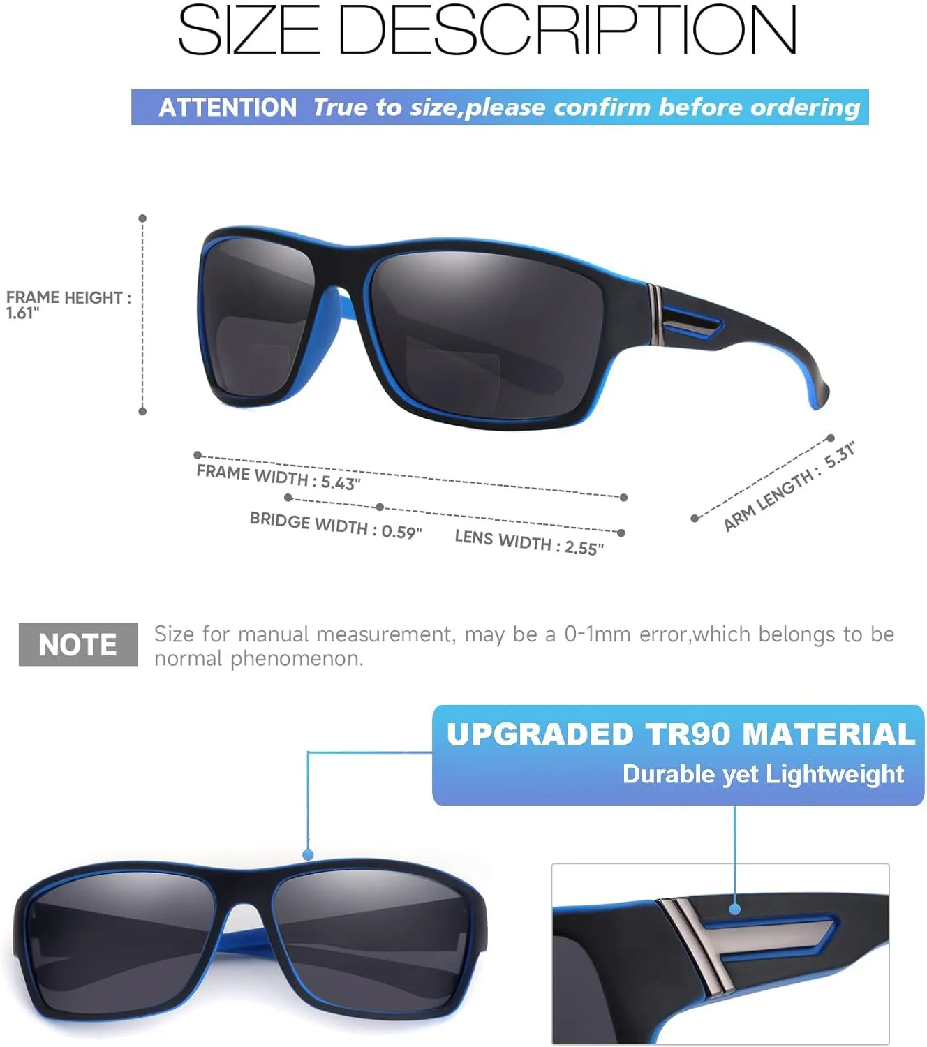 2 PACK Evolved Unbreakable Bifocal Reading Sunglasses Men TR90 Frame Wrap Around Design Glasses UV 400 Protection Outdoor Sun Reader Sports/Driving (Black & Blue  1.25)